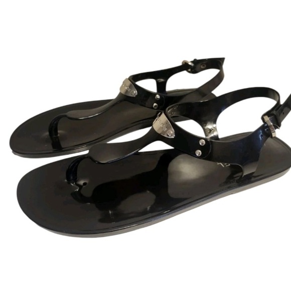 Michael Michael Kors Black Jelly "MK" Logo Plate T-Strap Thong Sandals Sz.8 - Picture 6 of 7